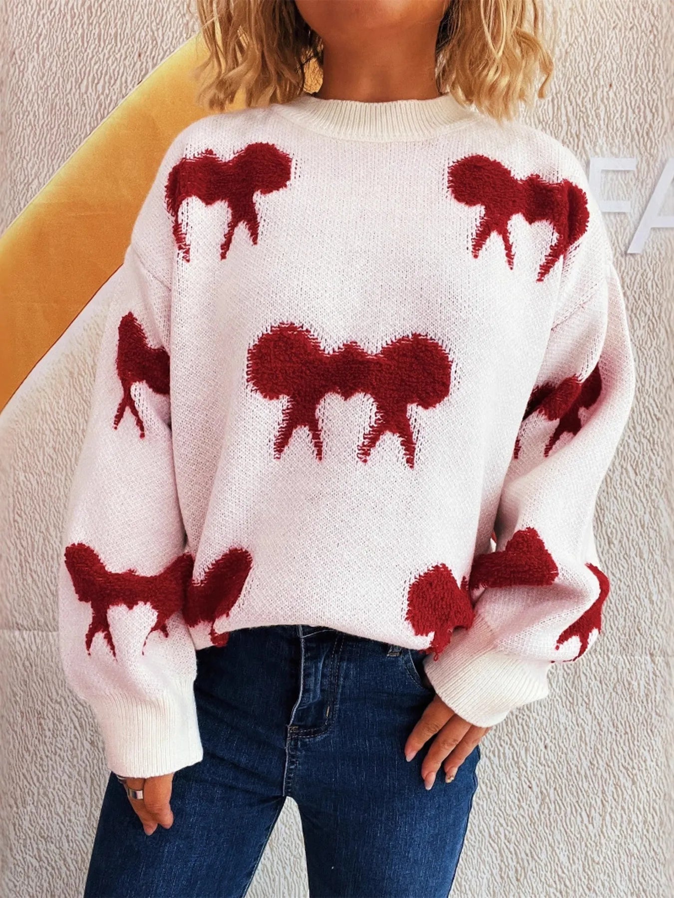 Bow Pattern Round Neck Sweater White Red One Size - Fashorio