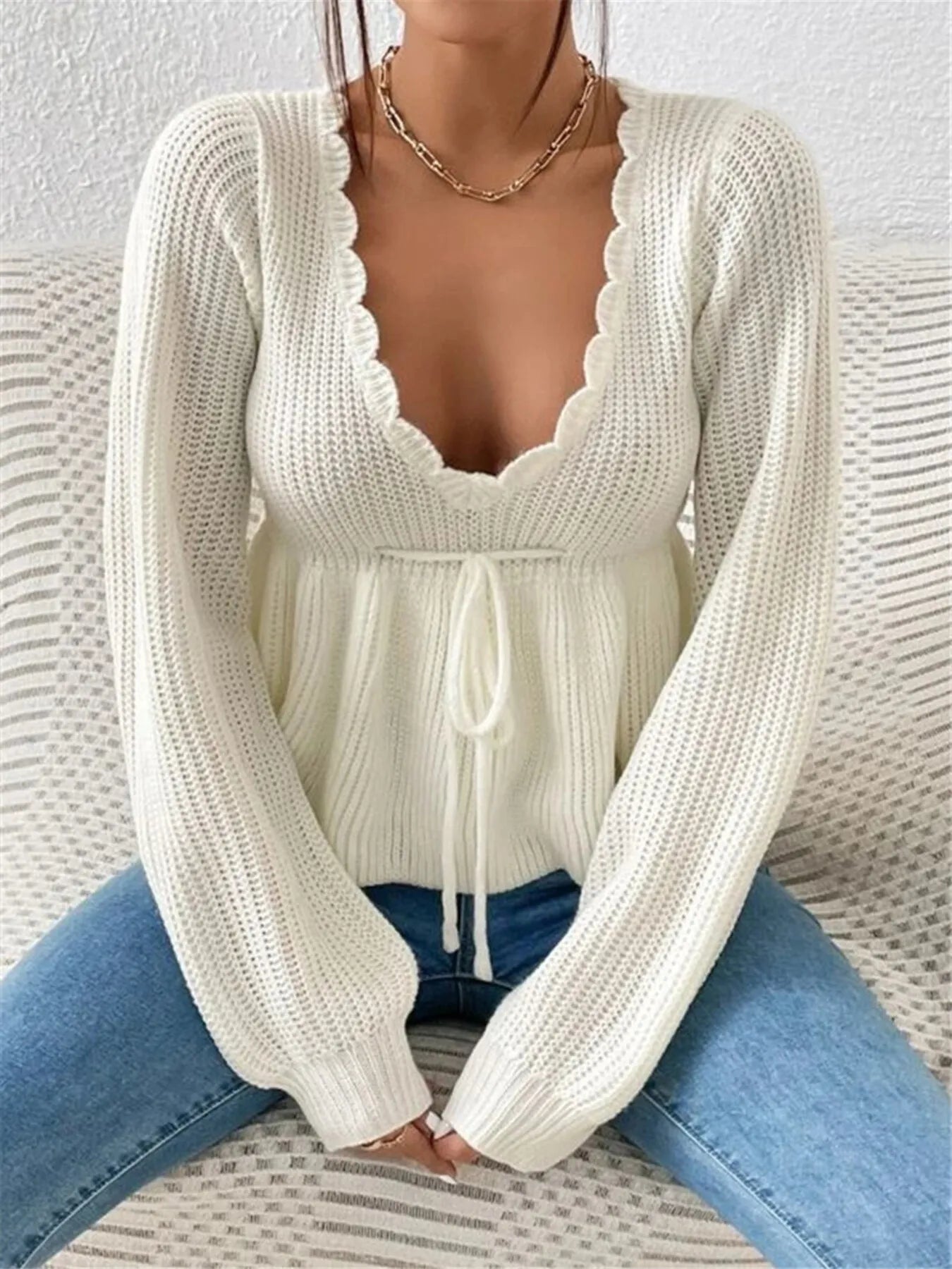 Scalloped V-Neck Drawstring Knit Top - Fashorio