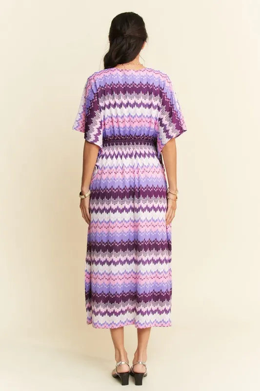 Wavy Print Tie Waist Flowy Dress in Lilac back view