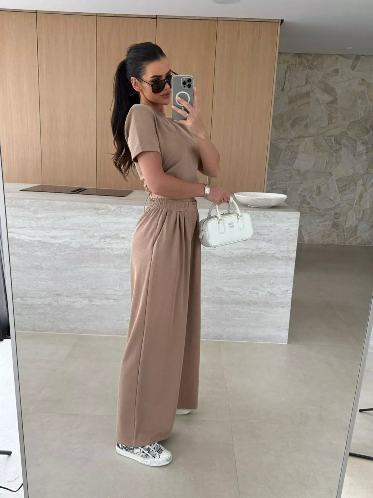 Drawstring Crop Top and Wide Leg Pants Set, view 12