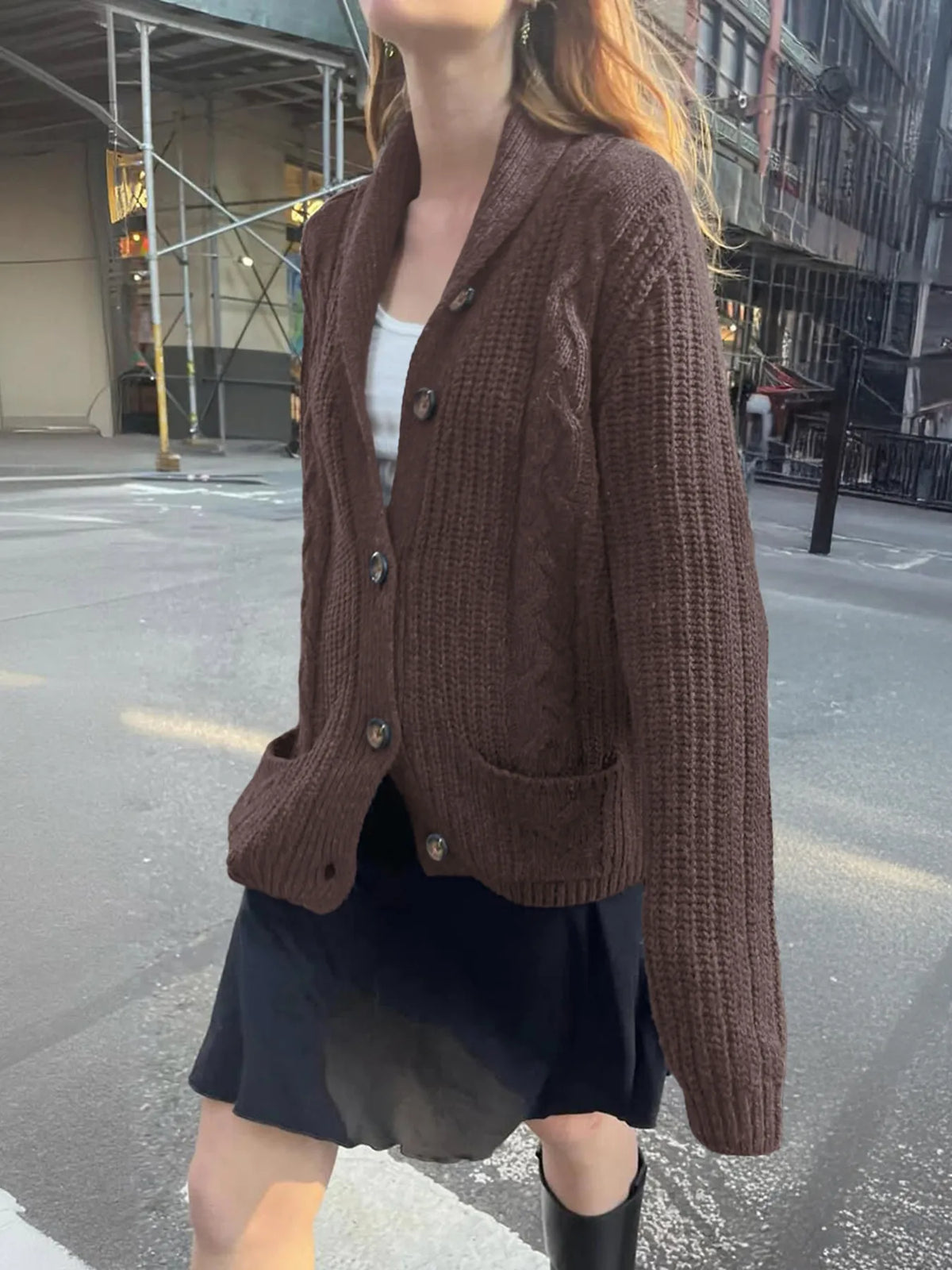 cable knit button up cardigan sleeve and cuff detail