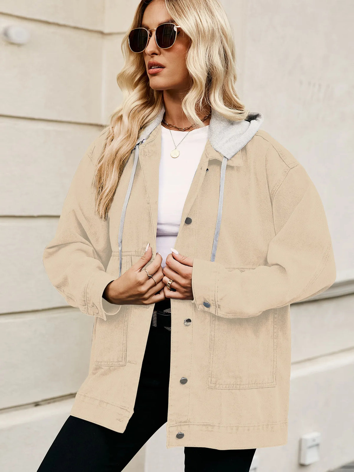 Oversized Hooded Denim Jacket in Light Blue on model