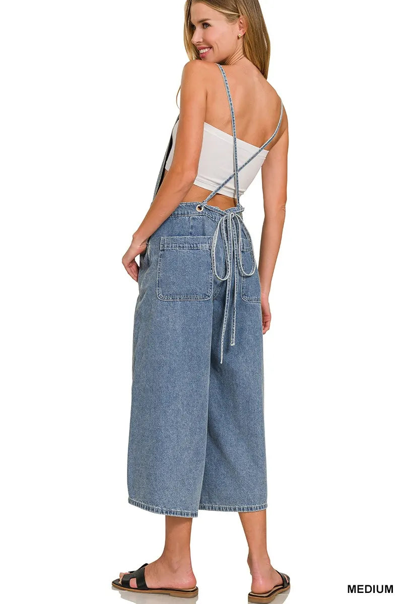 Zenana Denim Medium Washed Wide Leg Overalls - Fashorio
