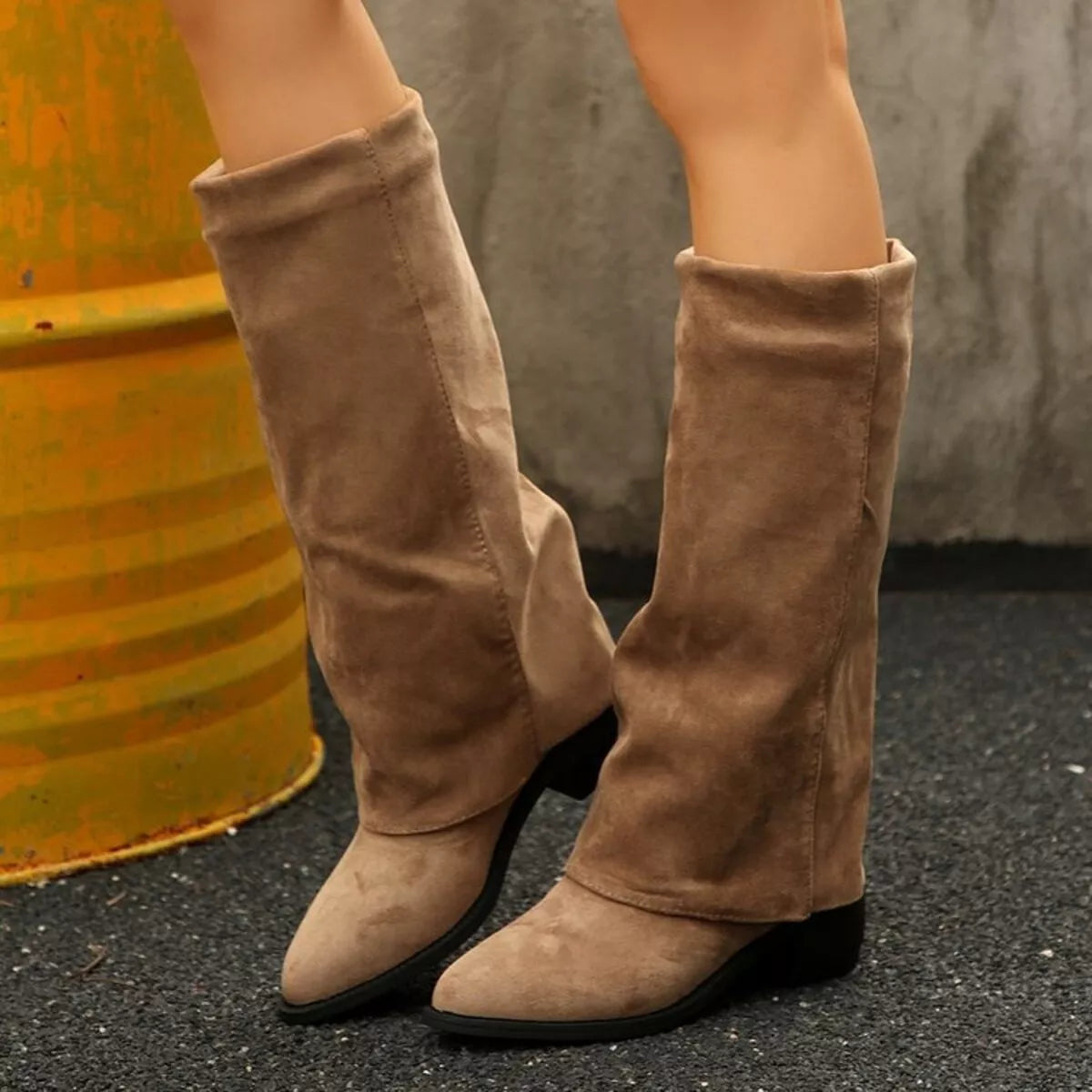 Point Toe Block Heel Boots toe close up