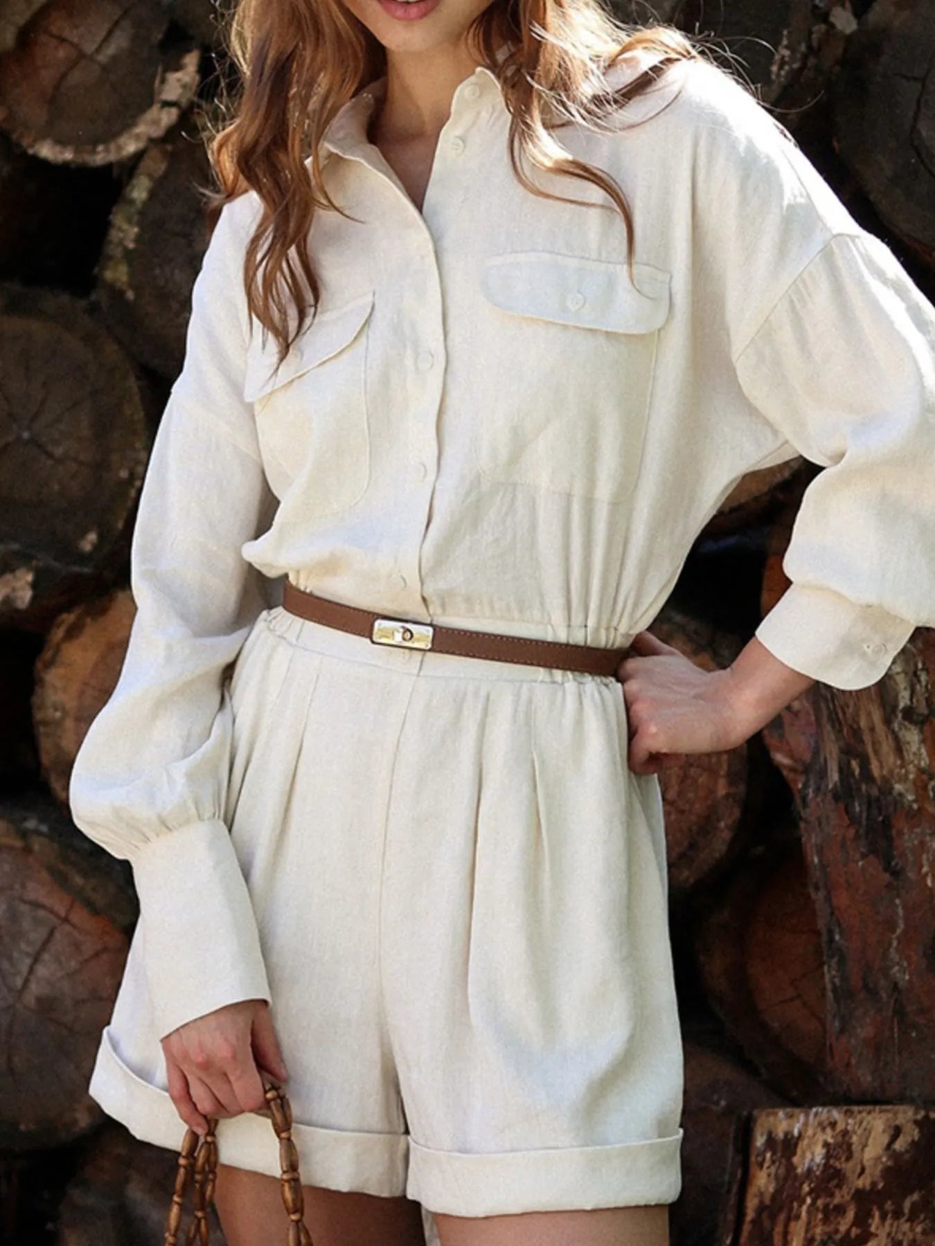 Casual Button Front Long Sleeve Romper Beige - Fashorio