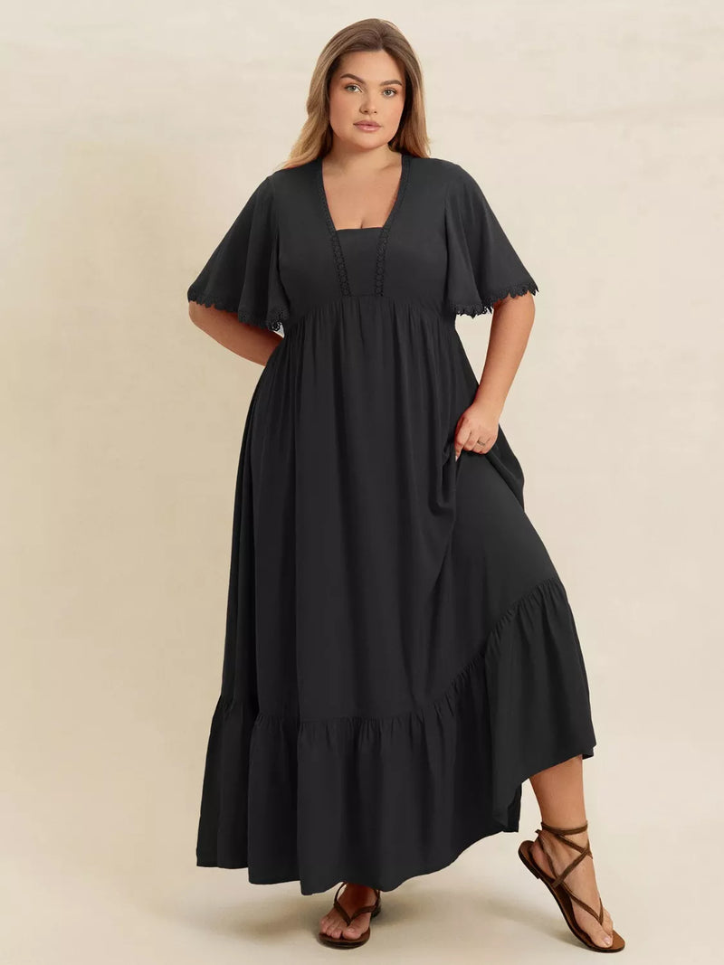 Plus size boho ruffled flutter sleeve maxi dress in black front view
