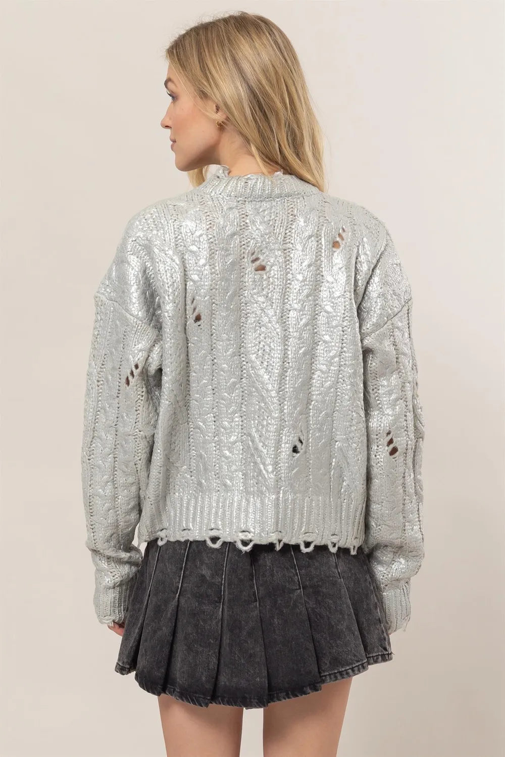 Distressed Cable Knit Round Neck Sweater in Silver back view
