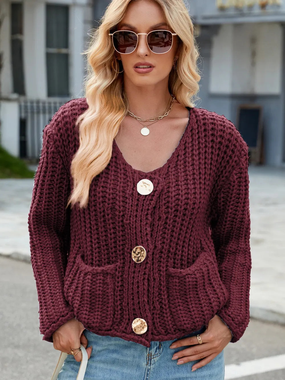 Round Neck Button Up Cardigan with Pockets - Fashorio
