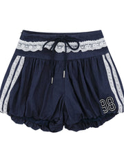 Lace Trim Shorts with Drawstring Blue - Fashorio