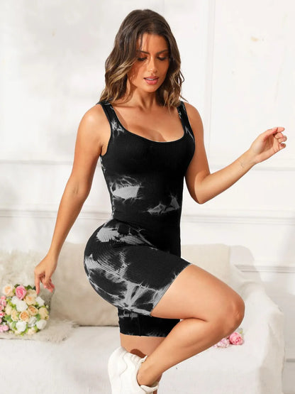 Tie-Dye Wide Strap Active Romper Black - Fashorio