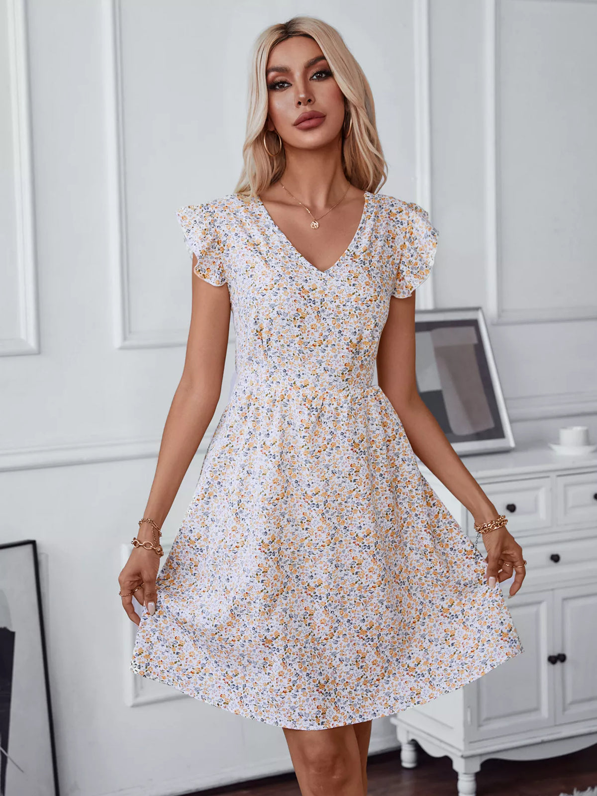 Elowen floral print lace trim tie back dress, front view