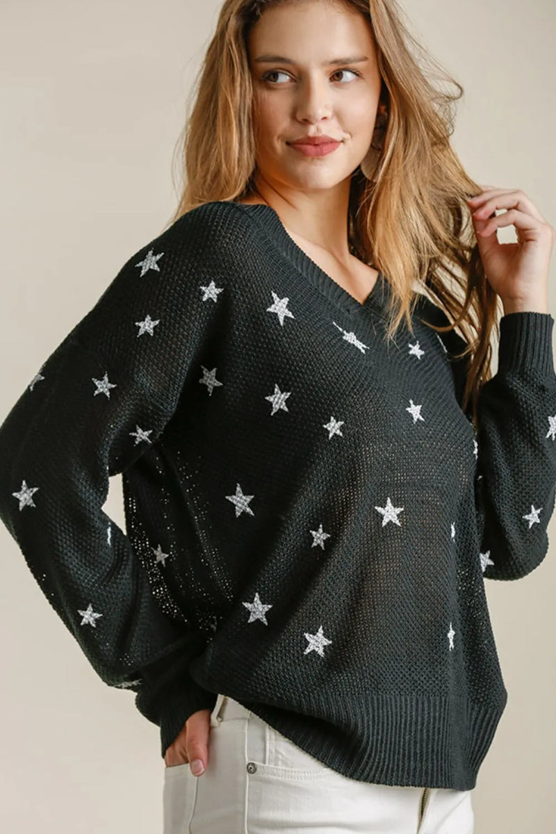 Star Print V Neck Long Sleeve Sweater Plus Size in Black