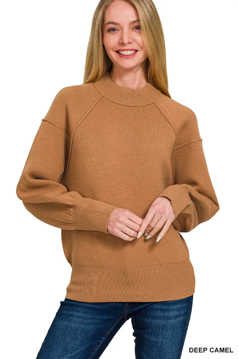 Viscose Mock Neck Exposed Seam Sweater in Camel