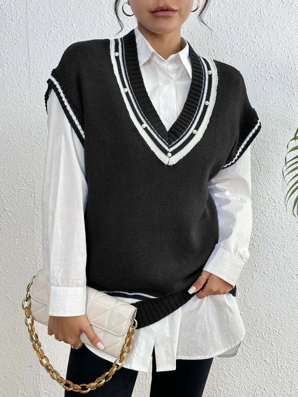 Pearl Trim Contrast V Neck Sweater Vest in Brown view 8