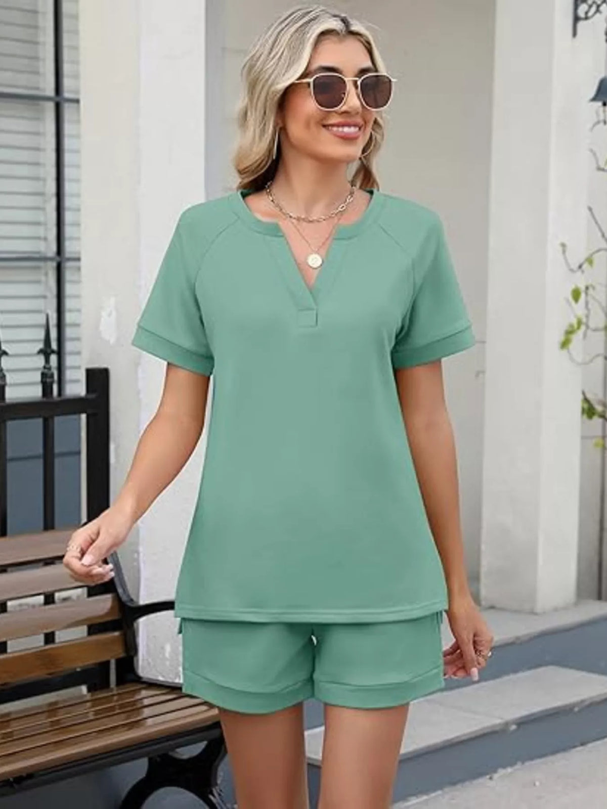 Solid Short Sleeve Top and Shorts Set, view 24