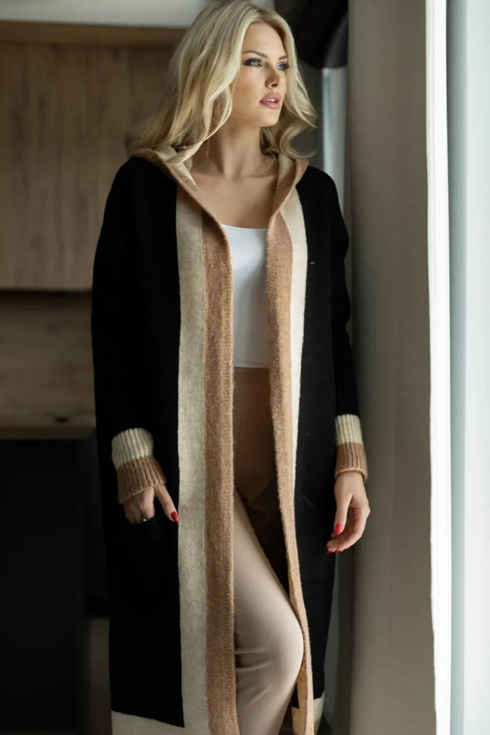 Pocketed Contrast Long Sleeve Hooded Cardigan - Fashorio