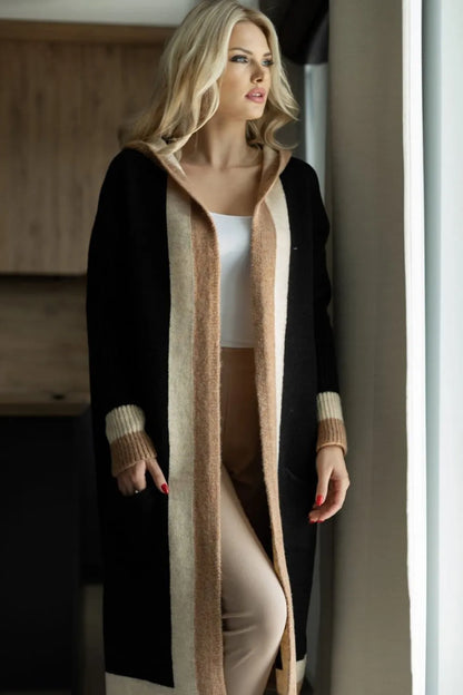 Pocketed Contrast Long Sleeve Hooded Cardigan - Fashorio