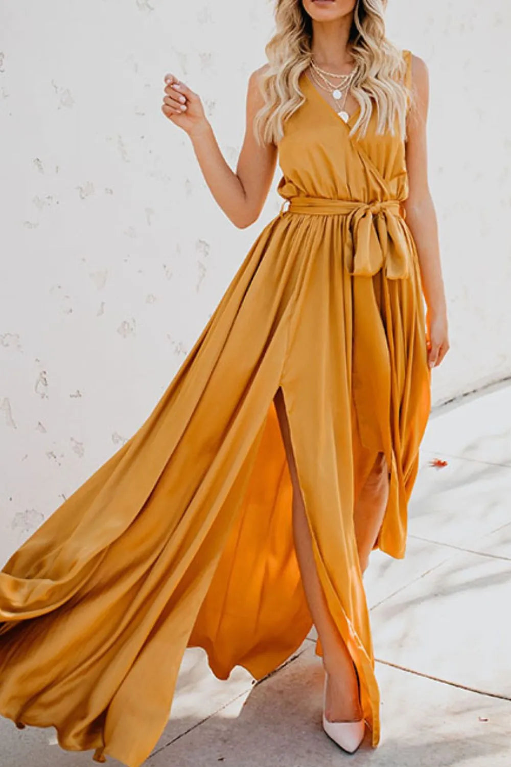 Surplice tie waist maxi dress three quarter view
