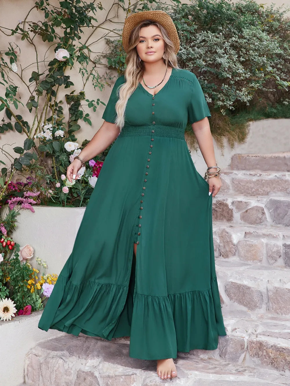 Plus size V neck maxi dress side view