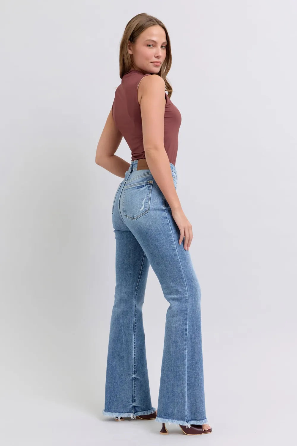 Judy Blue Full Size Raw Hem High Rise Bootcut Jeans - Fashorio