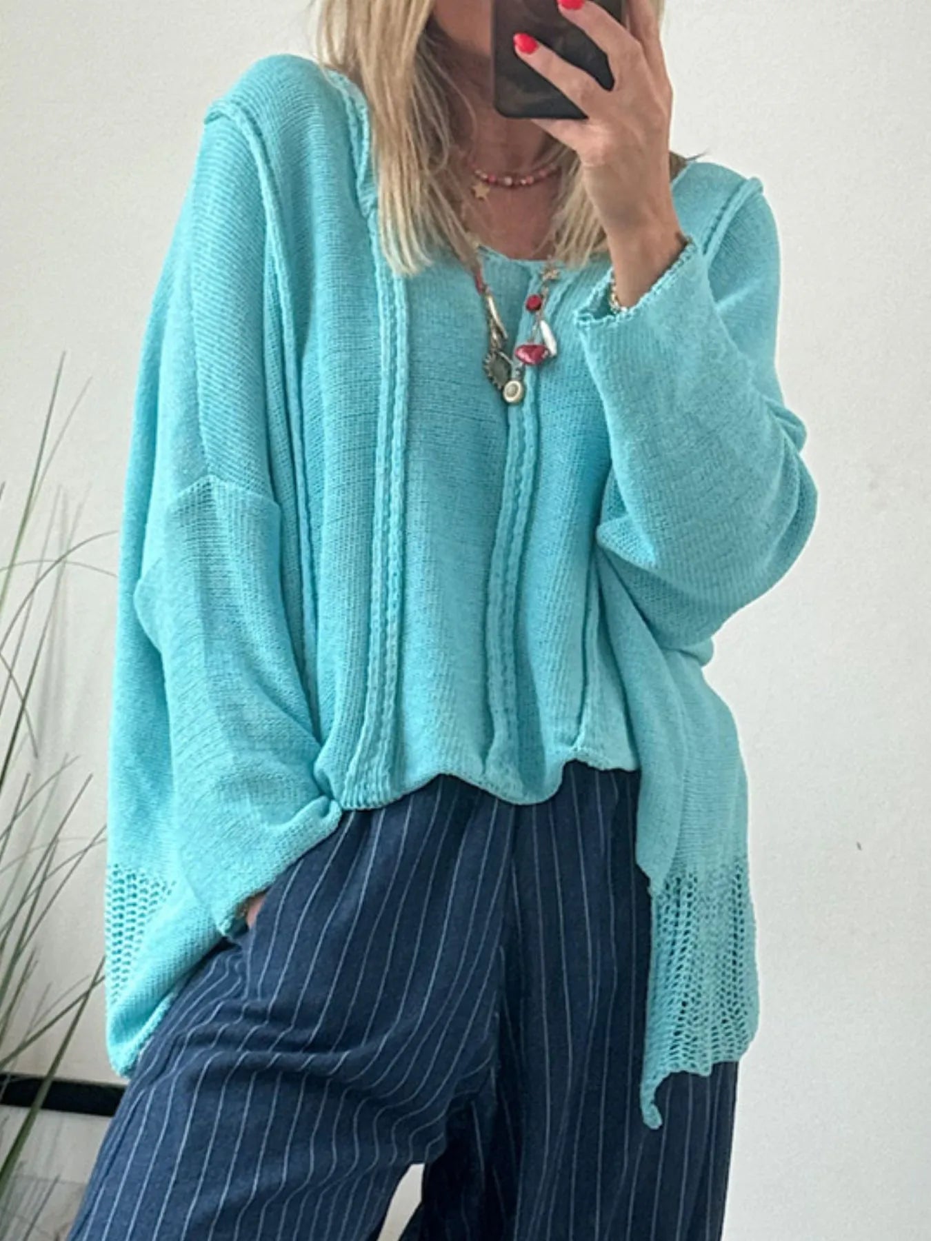 High-Low Drop Shoulder Sweater - Fashorio