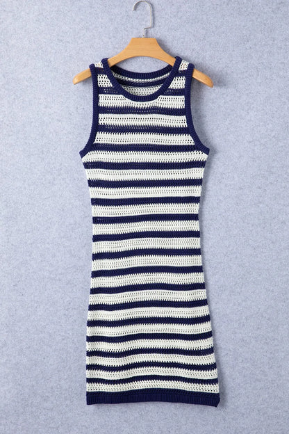 Stripe Hollowed Knit Sleeveless Sweater Dress - Fashorio