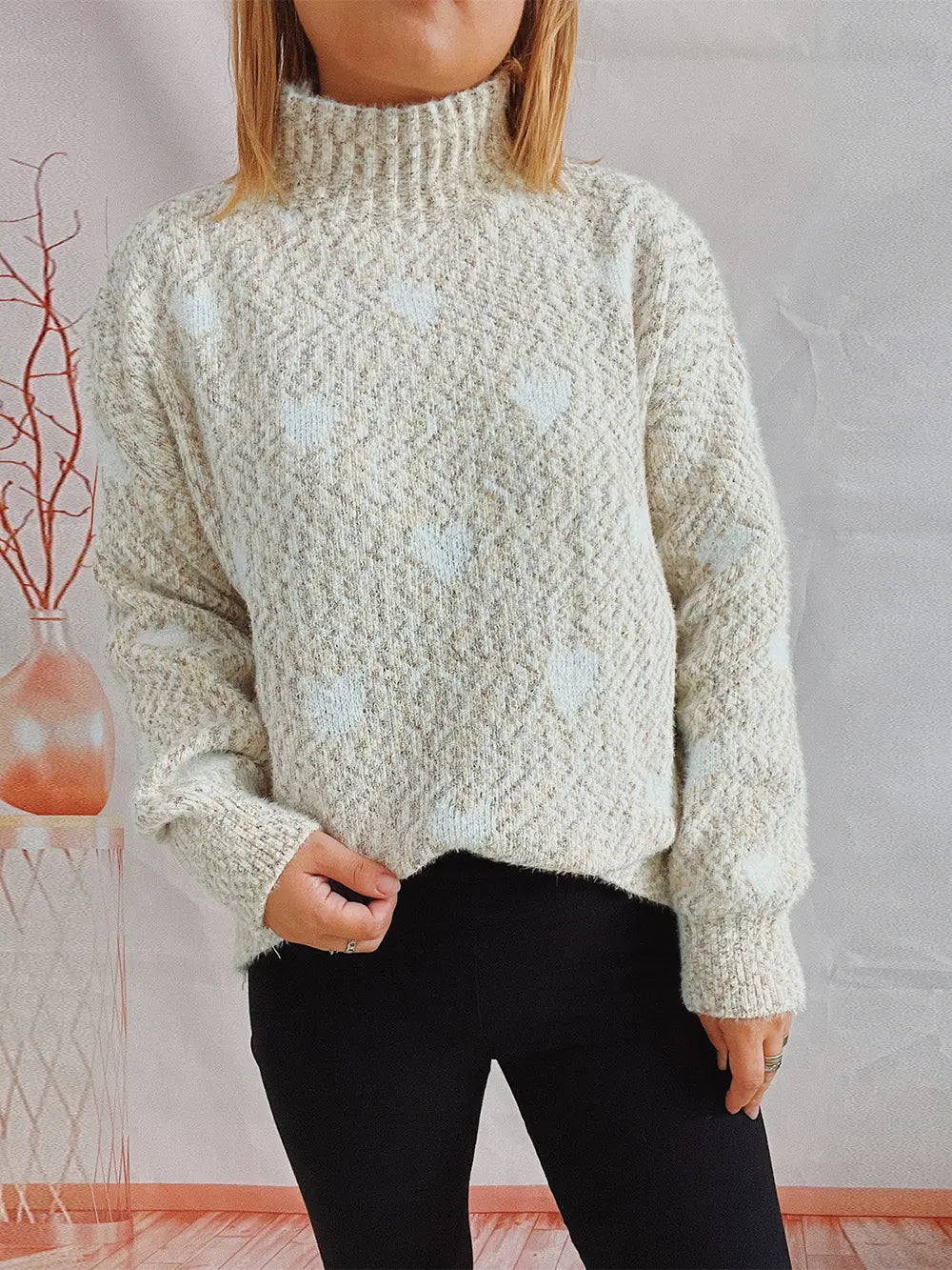 Heart Heathered Turtleneck Drop Shoulder Sweater Cream One Size - Fashorio