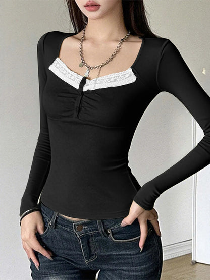 Lace Trim Long Sleeve T-Shirt - Fashorio