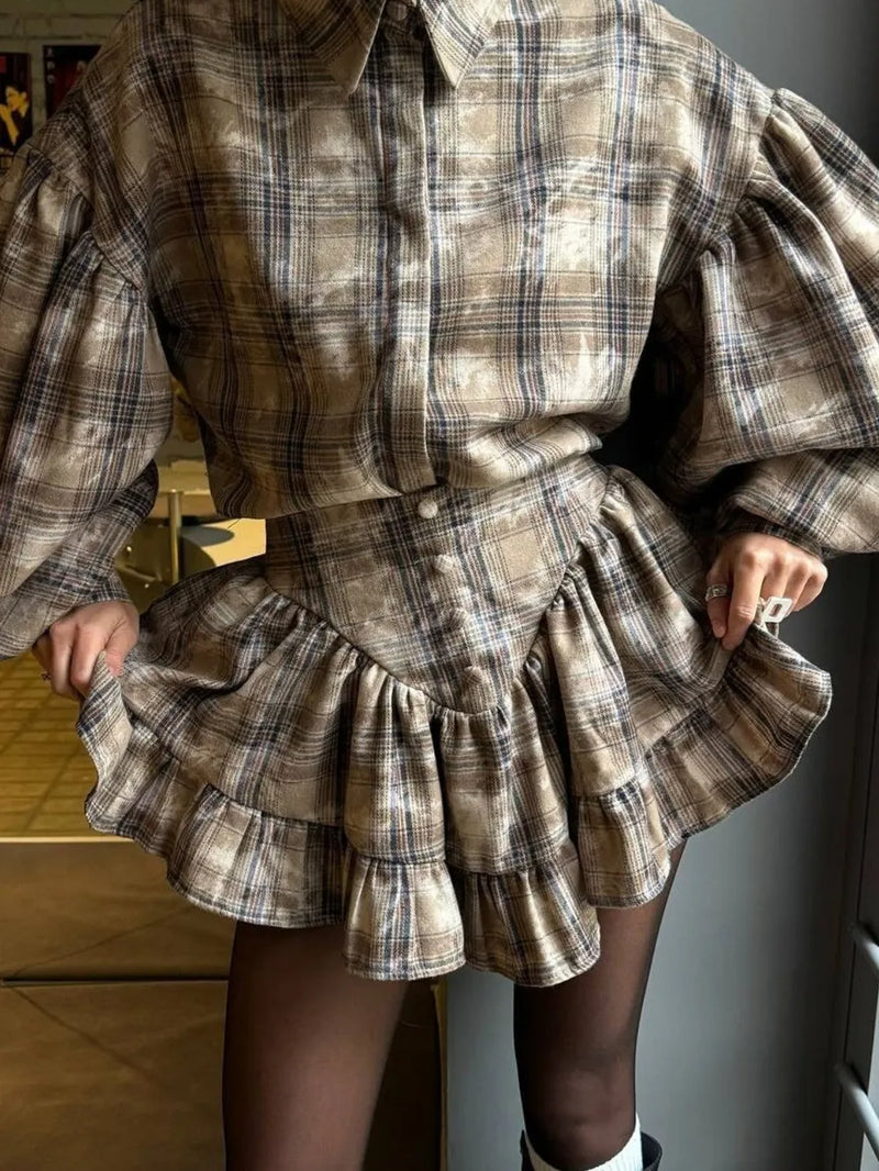 Lantern sleeve shirt and ruffled skirt matching set