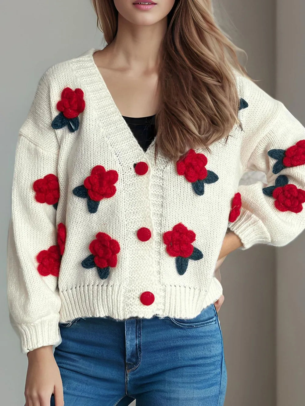 Flower Button Down V-Neck Long Sleeve Cardigan Scarlet One Size - Fashorio