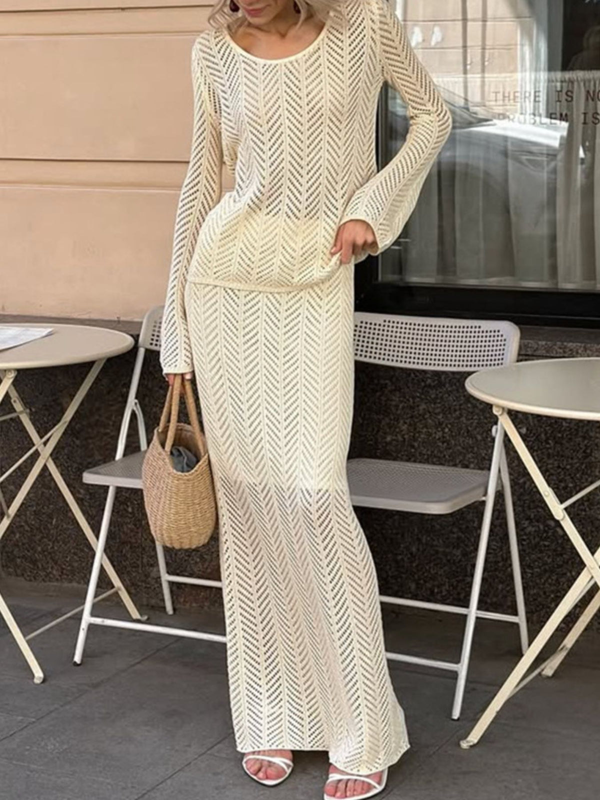 Openwork Long Sleeve Knit Top and Skirt Set, view 6