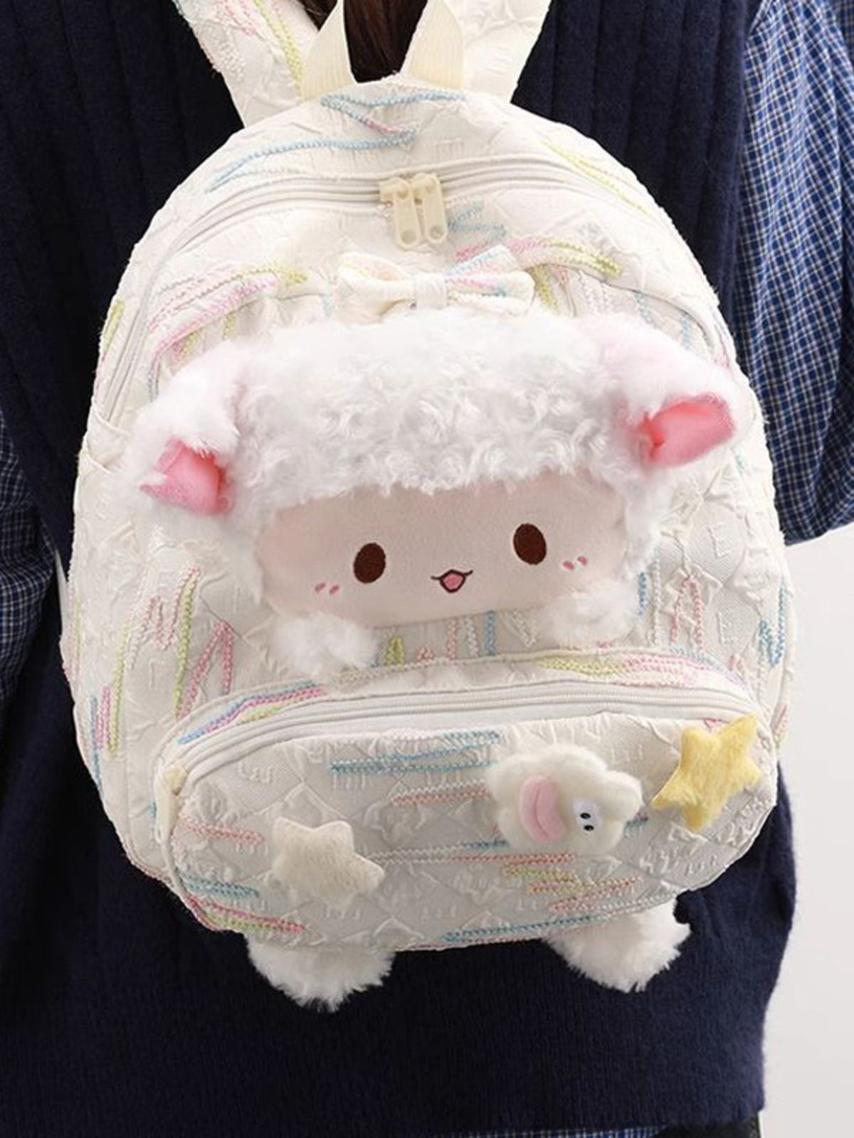 White plush sheep backpack interior compartment