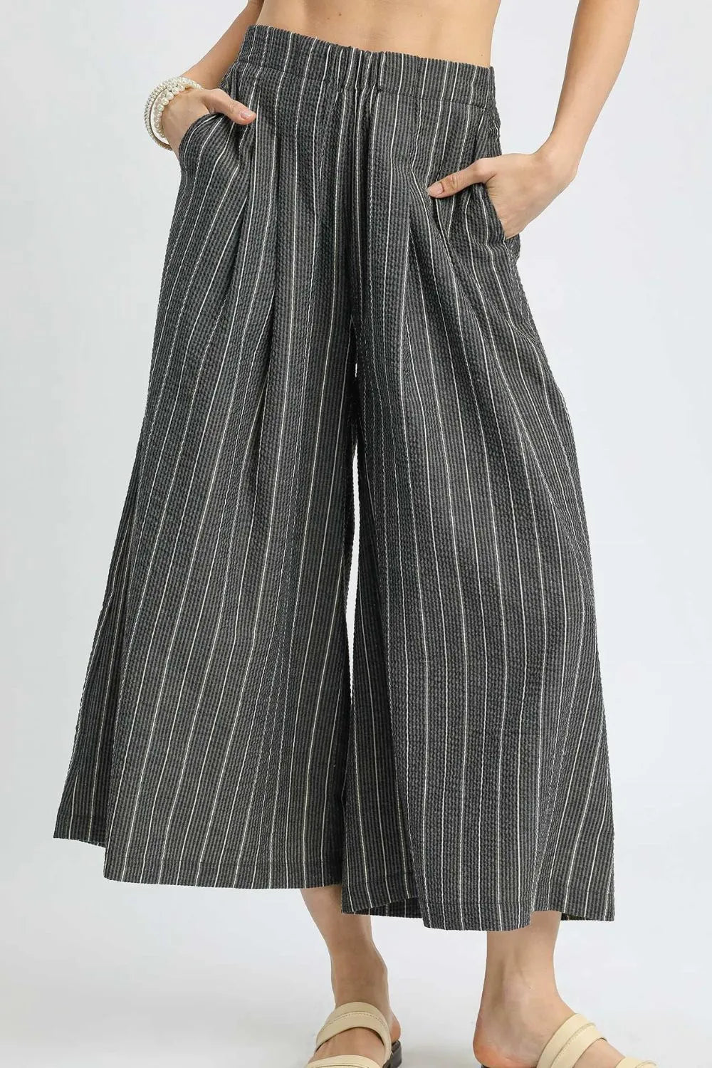 Umgee Pinstripe Crop Palazzo Pants Black - Fashorio