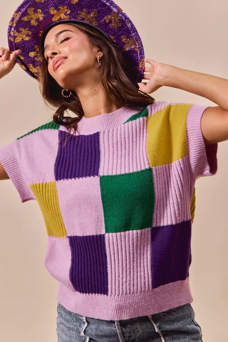 Check Plaid Casual Sweater Top in Lavender view 9