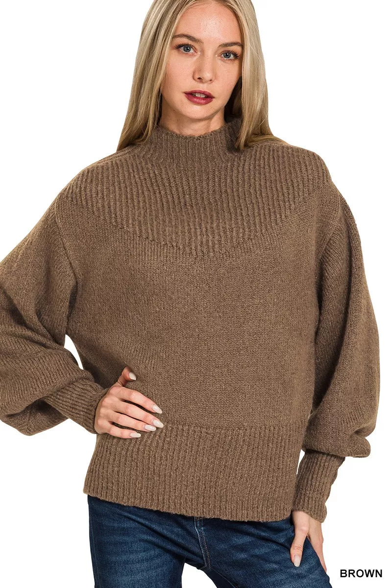Balloon Sleeve Mock Neck Sweater in Brown