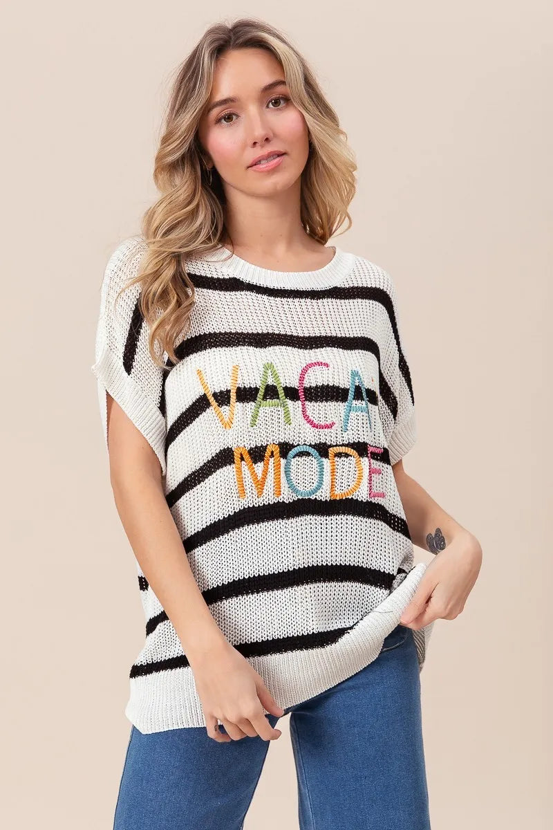 BiBi Vacay Mode Lettering Drop Shoulder Striped Sweater - Fashorio