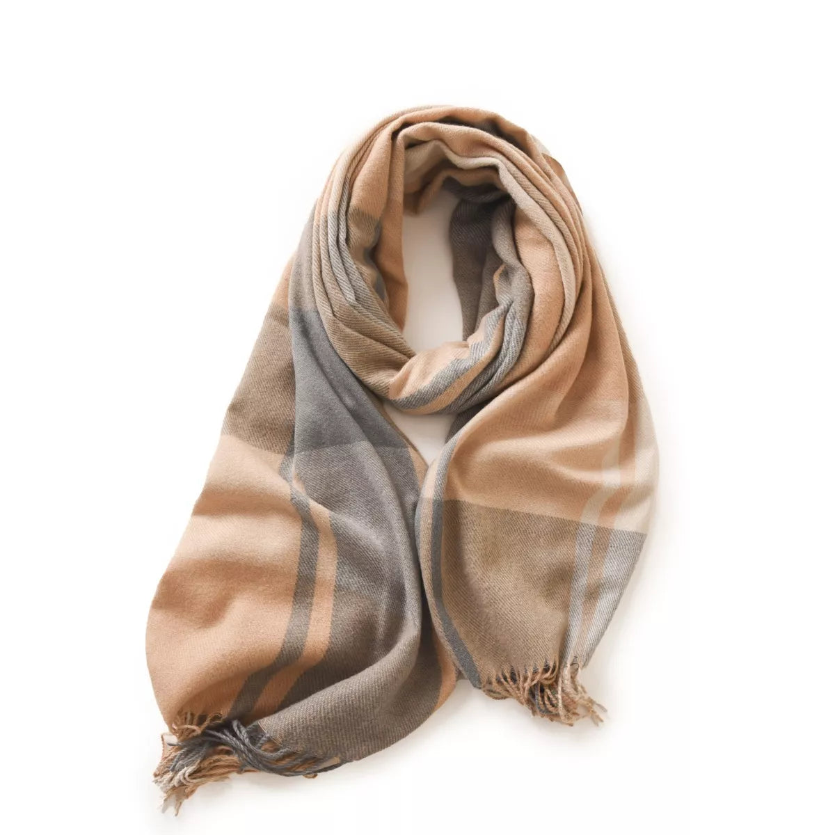 Plaid fringe scarf shown looped for a cozy look