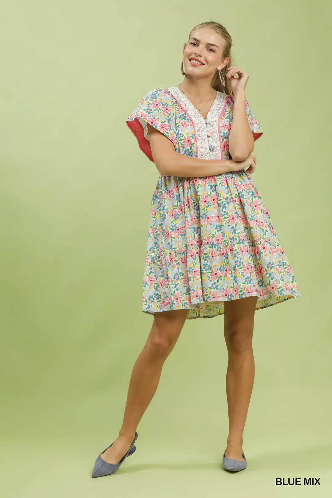 Mix Floral Tiered Mini Dress with Side Pockets detail