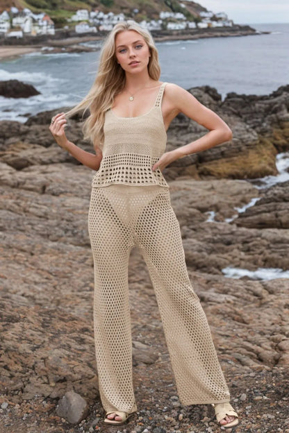 Hollow Out Round Neck Top and Pants Sweater Cover Up Set - Fashorio
