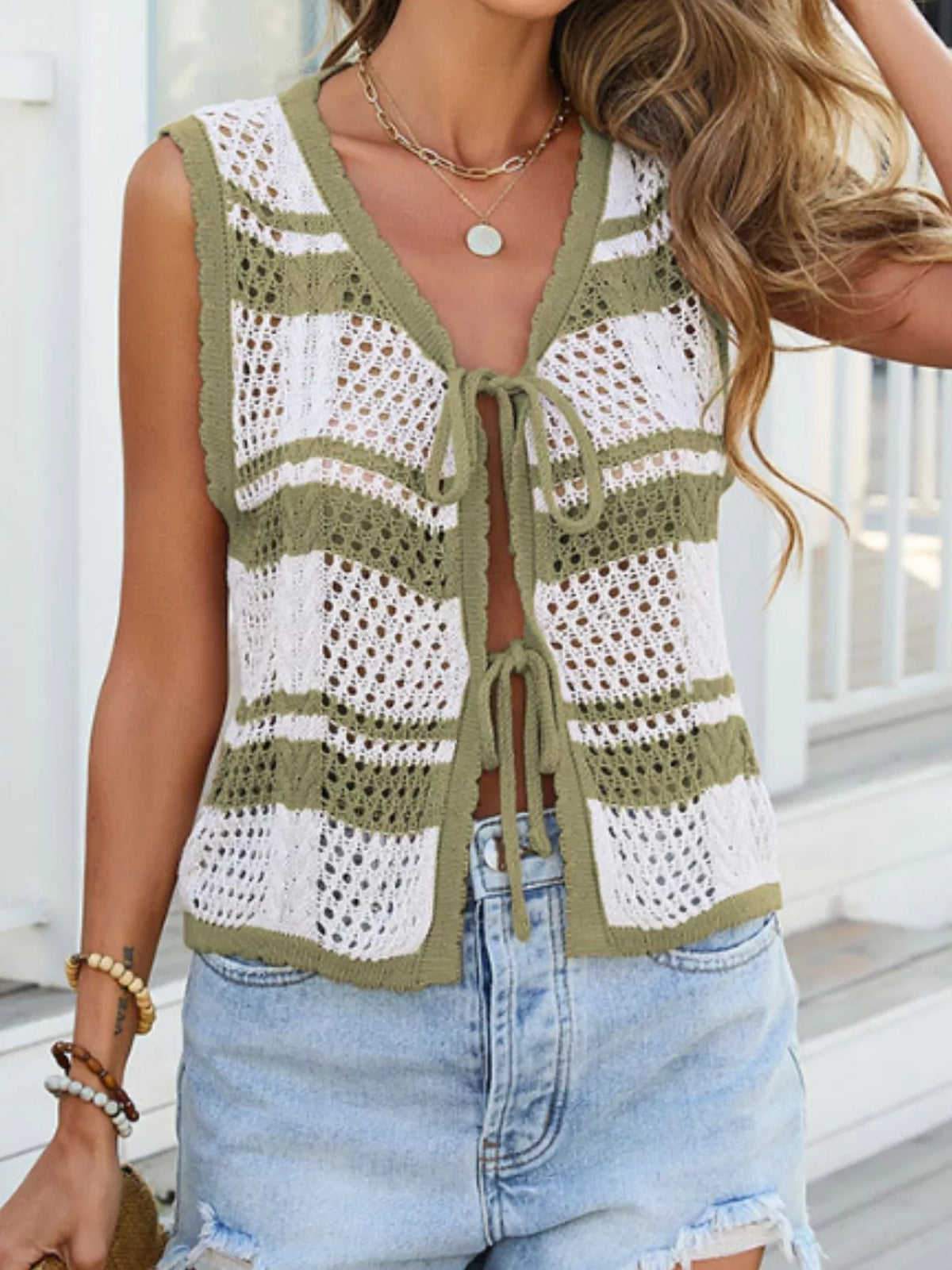 Striped Crochet Tie Front Cardigan, view 12