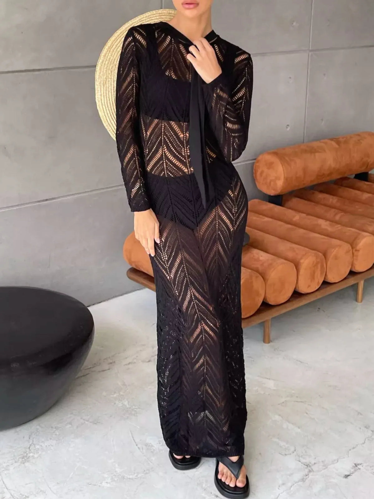 openwork knit long sleeve cover up maxi dress back view