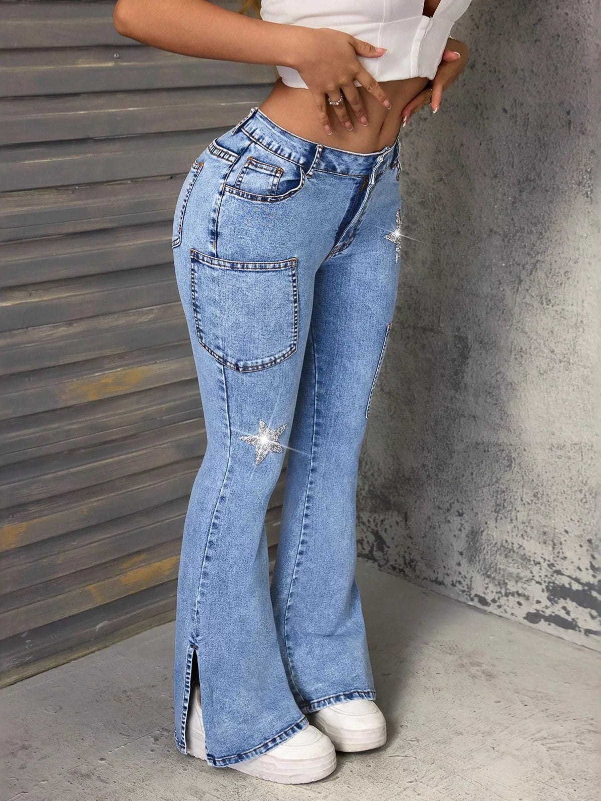 Womens flare jeans blue wash back view