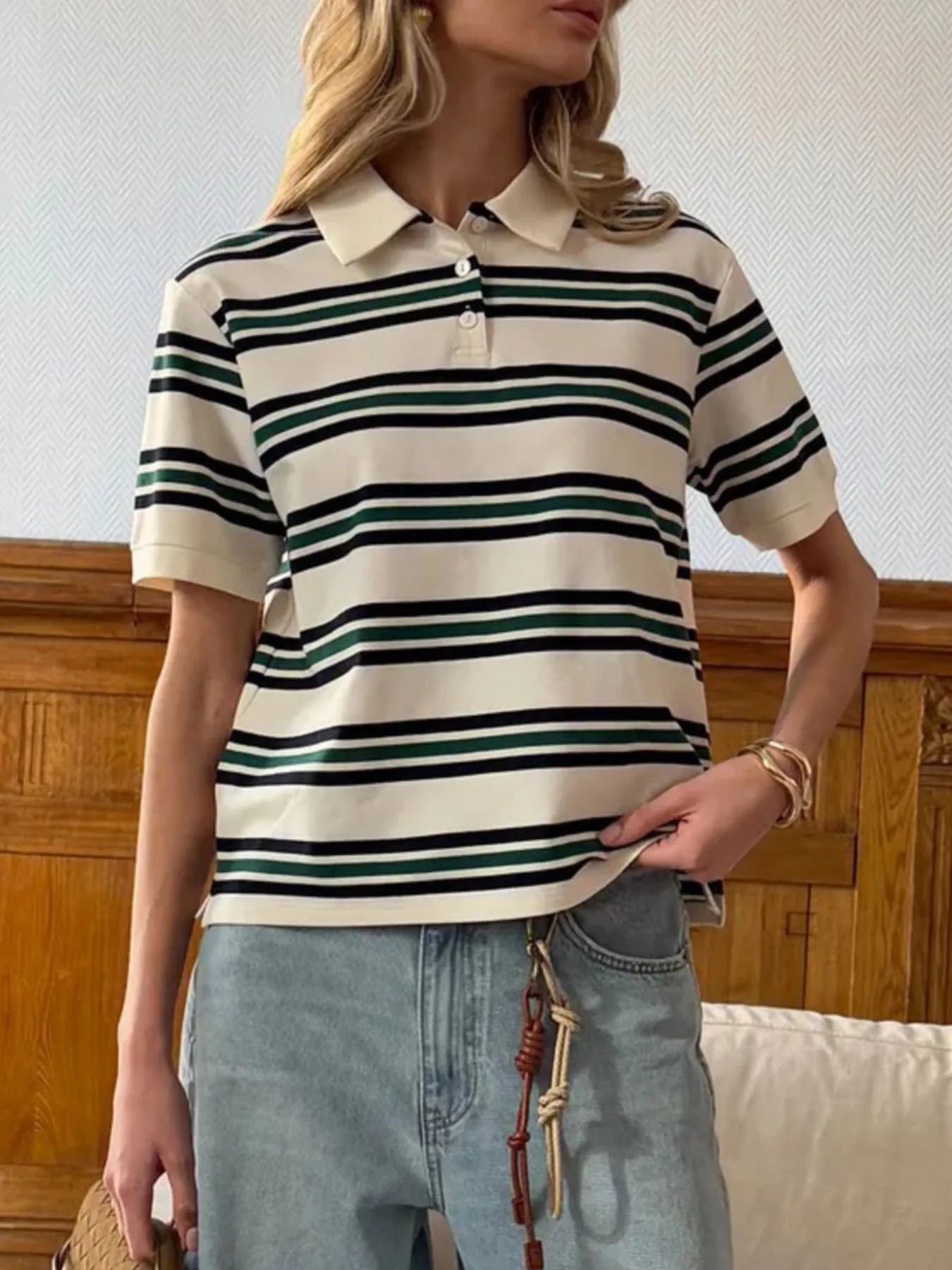 Striped Polo T-Shirt with Contrast Collar Green - Fashorio