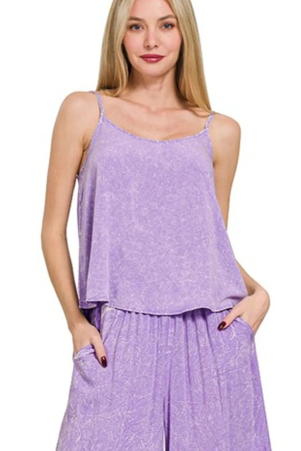 Zenana Woven Acid Crinkle Washed Cami & Pants 2 Piece Set - Fashorio