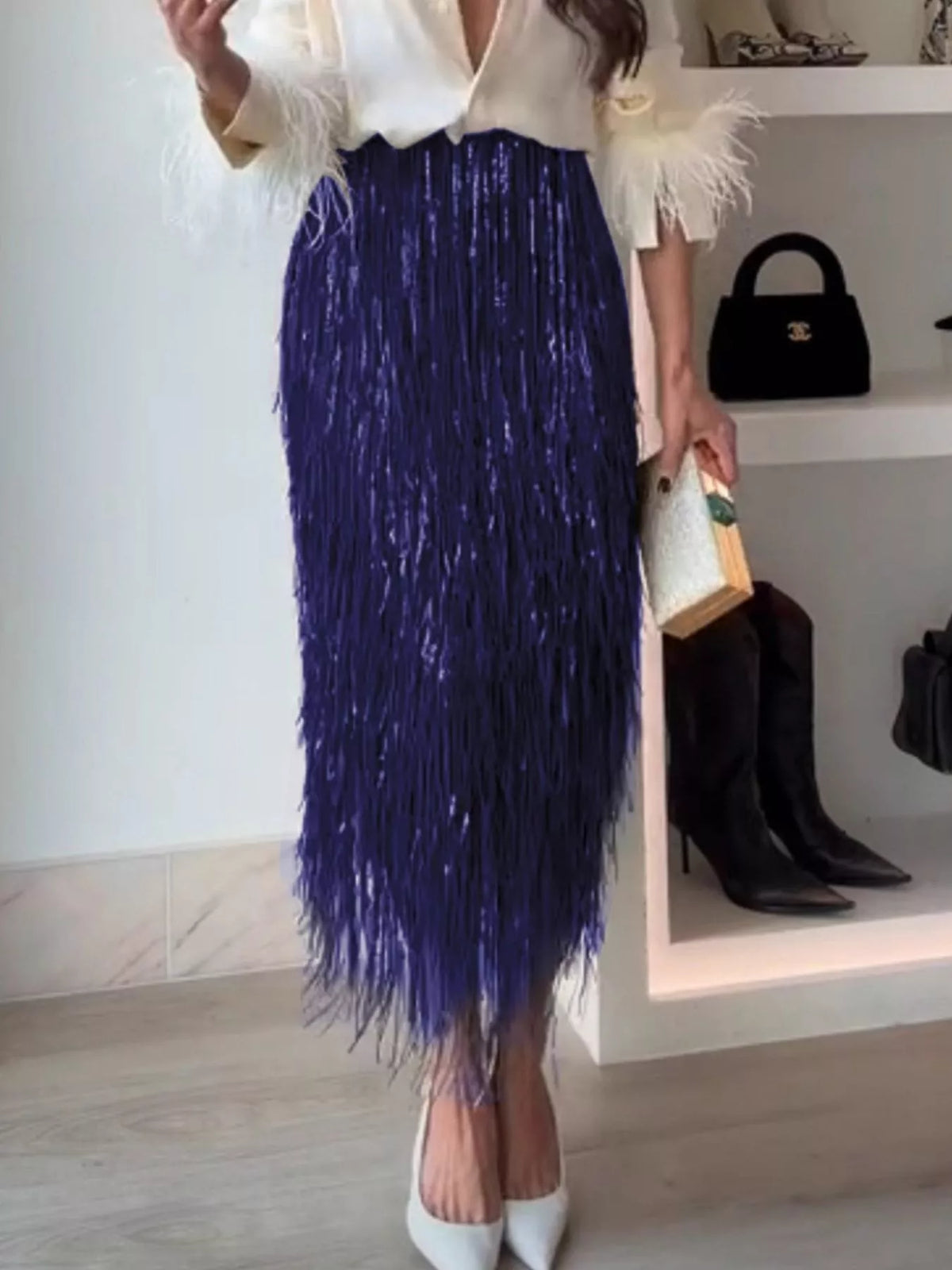 Fringe Long Sleeve Shirt and Skirt Set, view 8