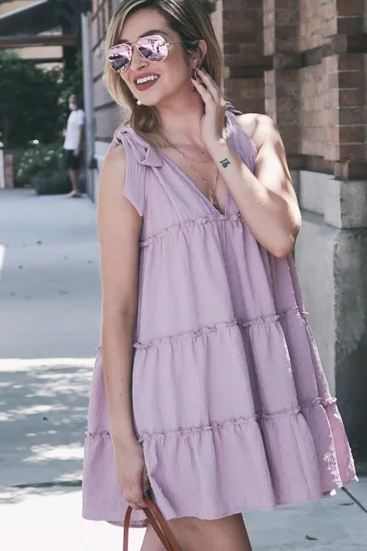 Polka Dot Textured Layered Flounce Ruffle Dress side view