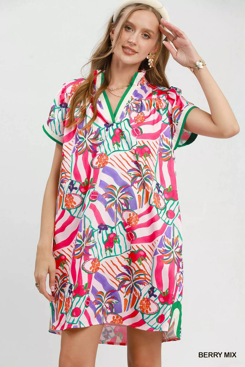 Berry tropical print collared shift dress front view