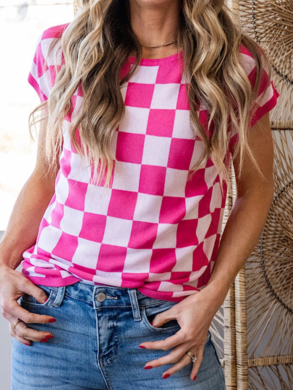 Checkered Cap Sleeve Sweater Top