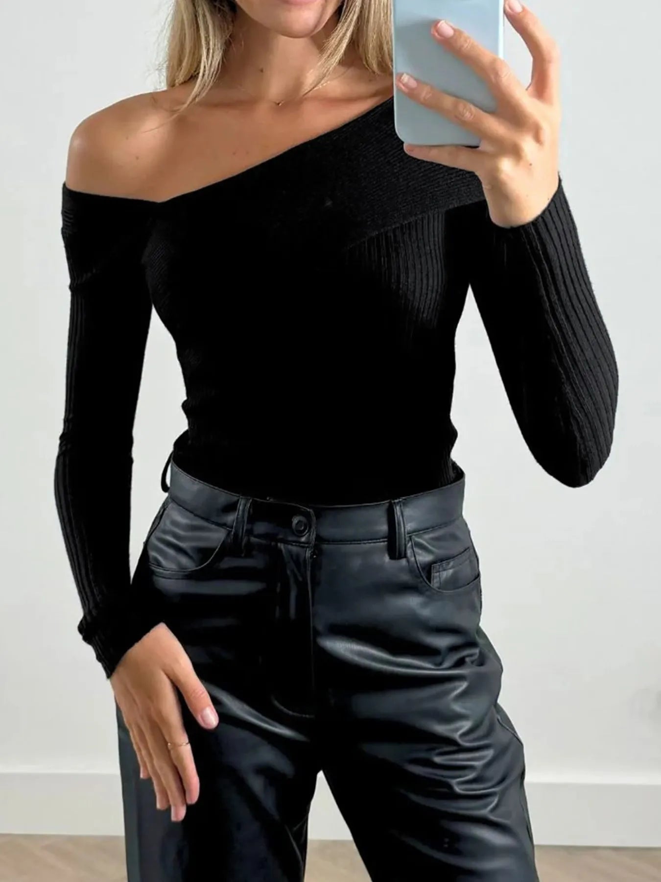 Off-Shoulder Ribbed Knit Top - Fashorio