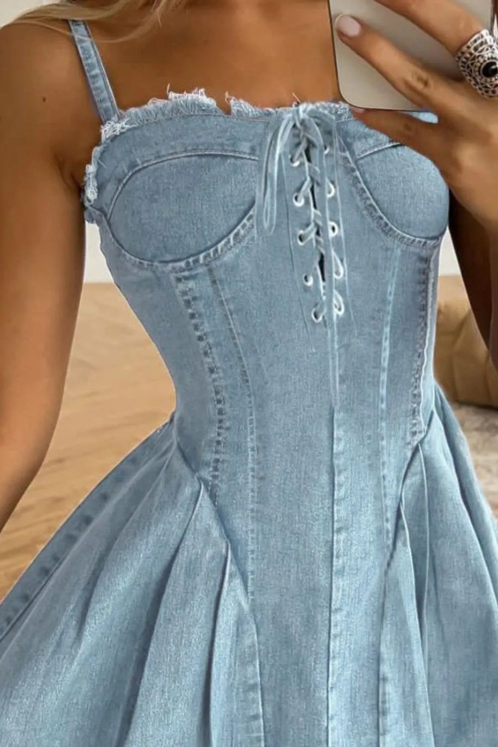 Lace Up Denim Cami Dress - Fashorio